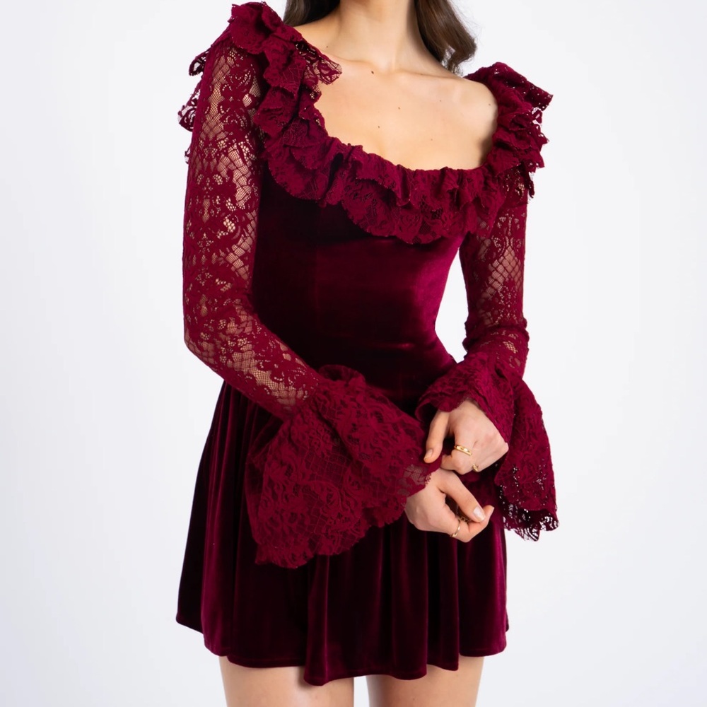 Burgundy Velvet Lace Long Sleeve Ruffle Dress